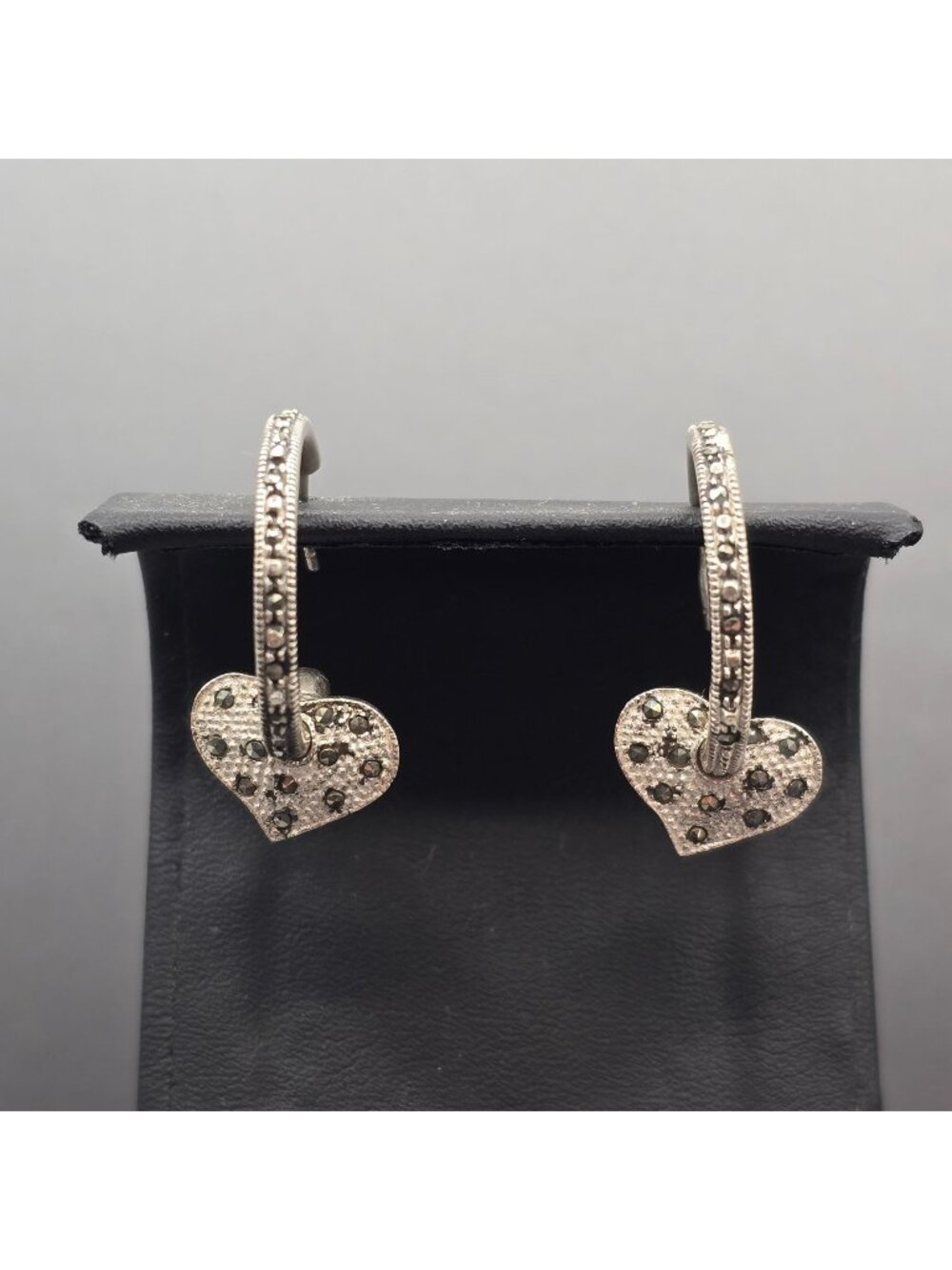 Sterling Silver Marcasite Heart Hoop Earrings Removable Charms 2 In 1 Style - Picture 1 of 13